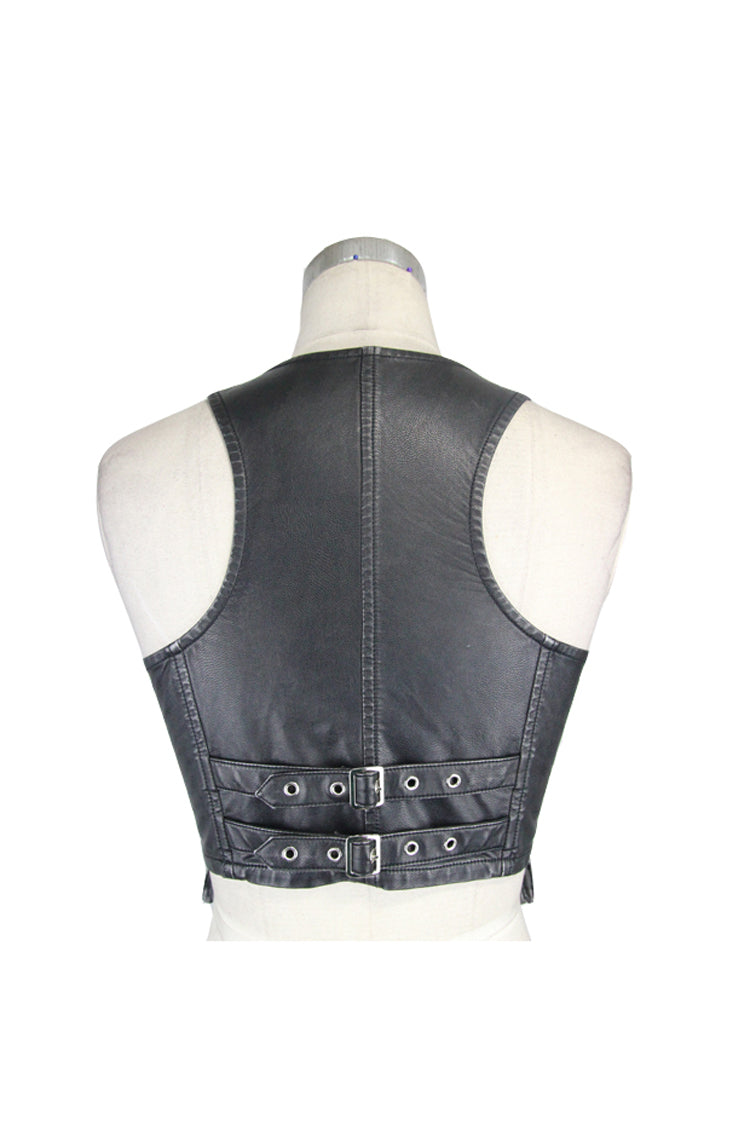 Black/Silver Hand Rubbed Leather Hasp Zipper Short Women's Punk Waistcoat - Product - 9