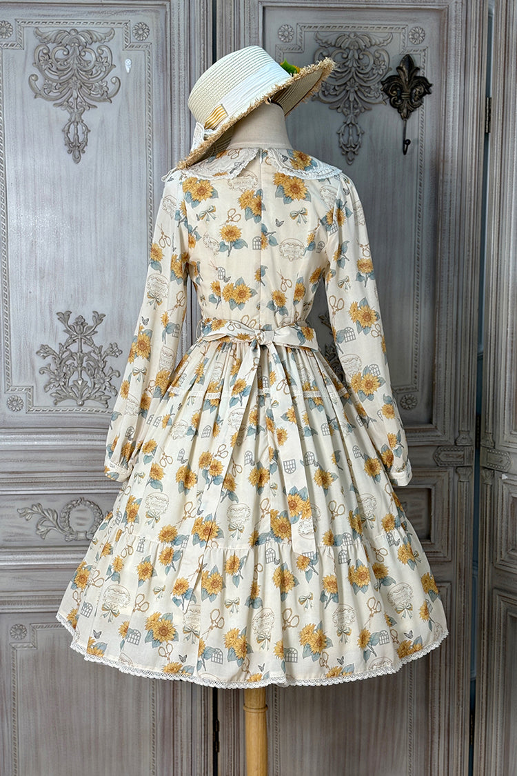 Apricot [Gardening Sunflower] Long Sleeves Print Ruffle Bowknot Sweet Elegant Lolita Dress - Product - 12