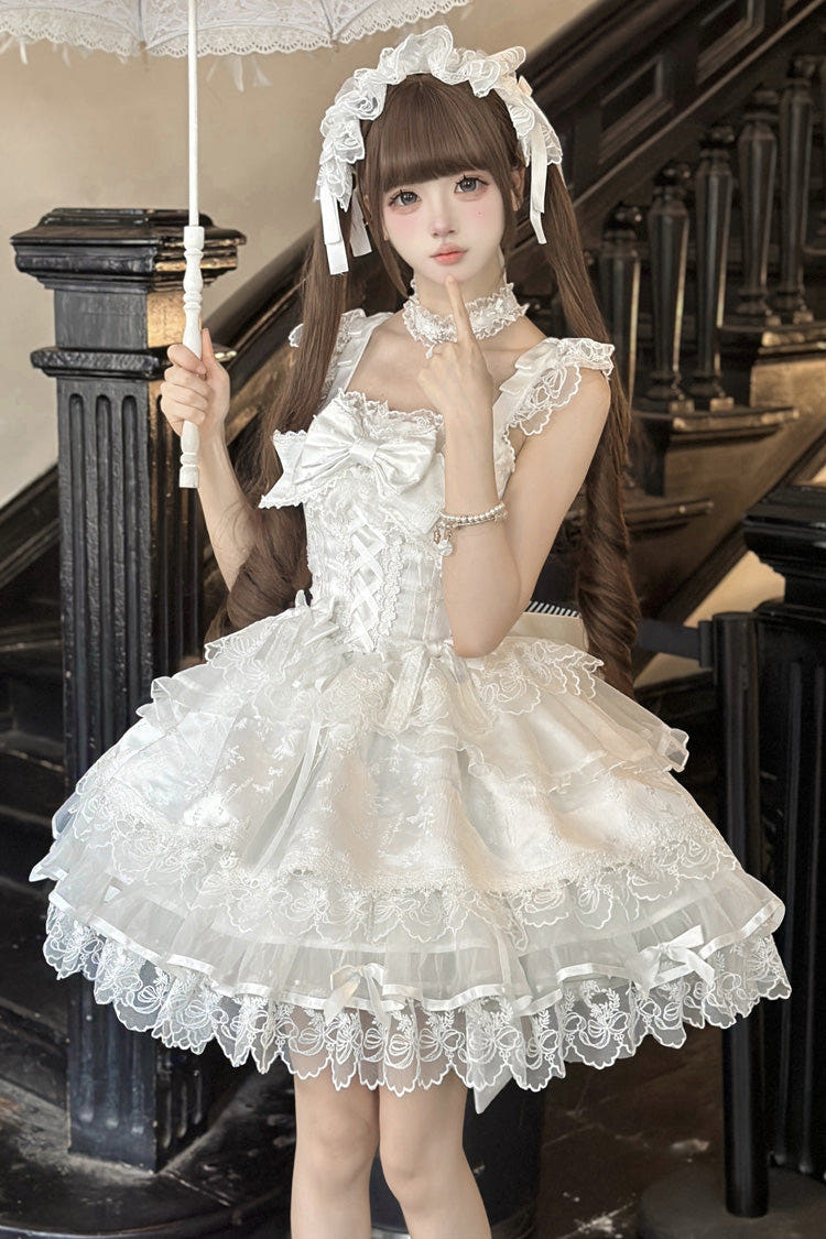 White [Fleishi Island] Sleeveless Ruffle Bowknot Lace Slim Sweet Ballet Lolita Jsk Dress - White - 1