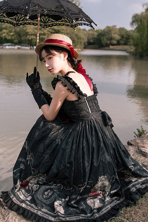 Black Nightingale Rose Print Bowknot Ruffled Strapless Gothic Lolita JSK Dress - Product - 5