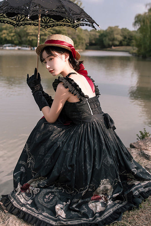 Black Nightingale Rose Print Bowknot Ruffled Strapless Gothic Lolita JSK Dress - Product - 5