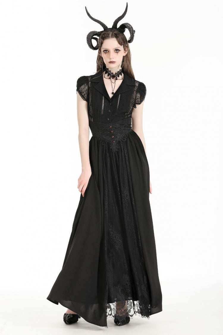 Black High Waisted Heart Embroidered Lace Women's Gothic Maxi Skirt - Black - 1