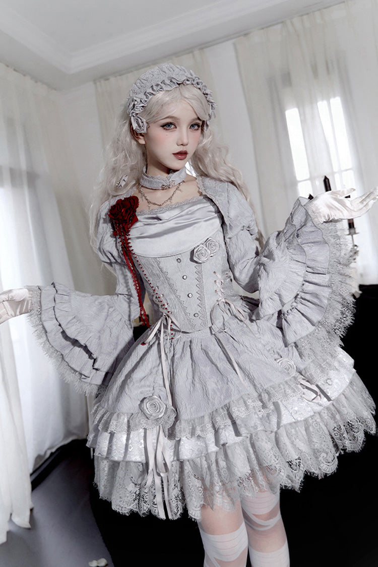 Silver Grey [Twilight] Multi-Layered Ruffle Hollow Lace Gothic Witch Lolita Skirt - Silver-Grey - 1