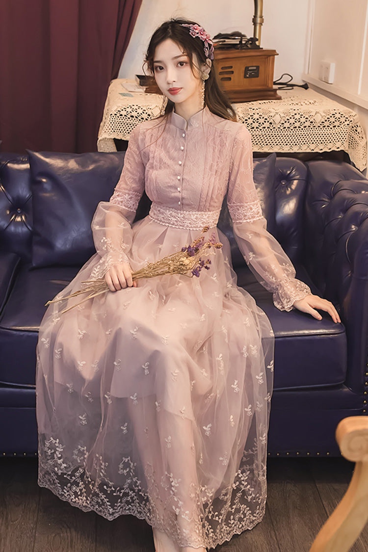 Dream Purple French Retro Lantern Sleeves High Waist Slimming Lace Embroidery Sweet Lolita OP Dress - Product - 4