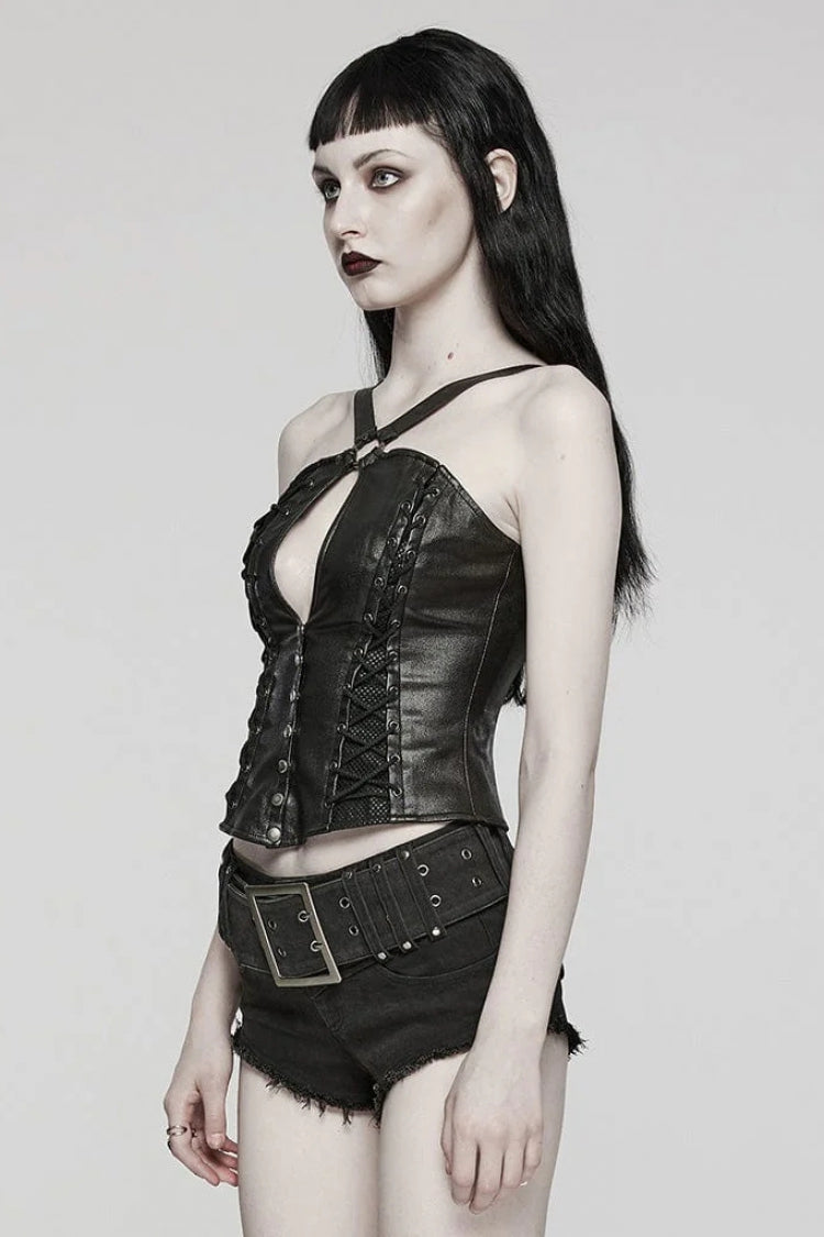 Black Cross Straps Hollow Lace-Up Womens Steampunk Vest - Product - 2