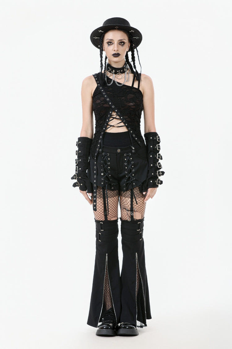 Black Sleeveless Ripped Eyelet Lace-Up Asymmetric Hem Women's Punk Top - Product - 5