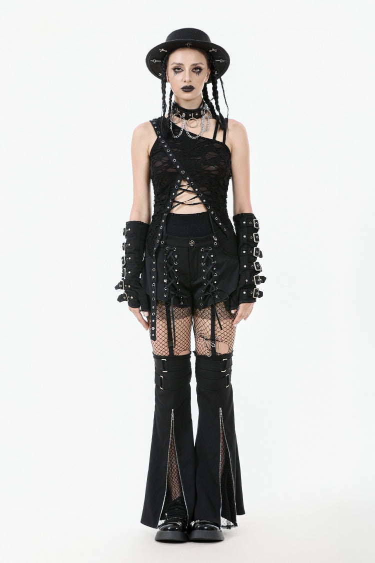 Black Sleeveless Ripped Eyelet Lace-Up Asymmetric Hem Women's Punk Top - Product - 5