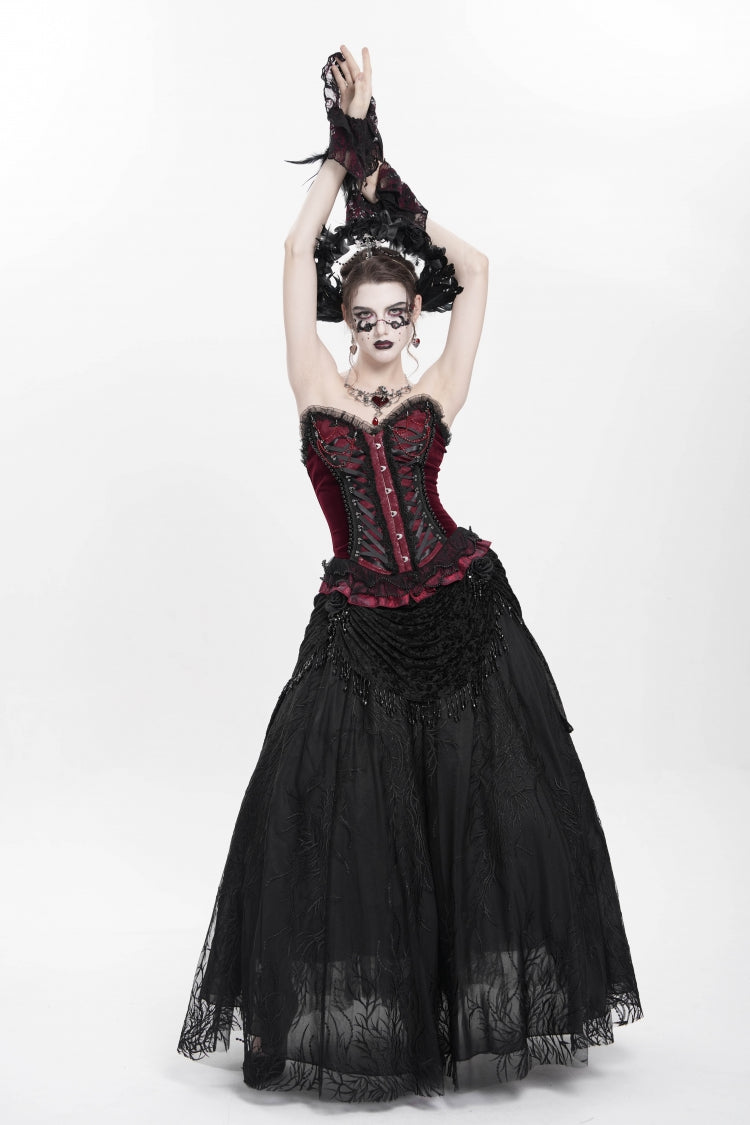 Red Sleeveless Beaded Lace Lace-Up Women's Gothic Overbust Corset - Product - 10