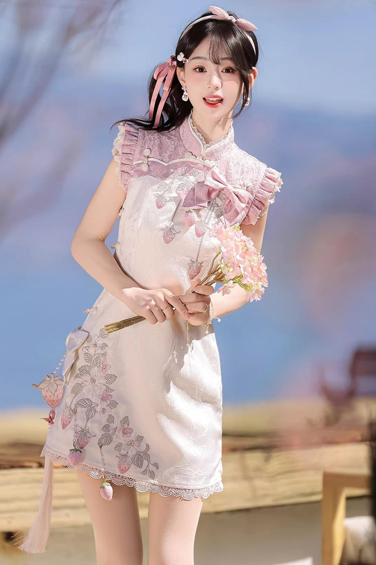 White/Pink [Spring Strawberry] Stand Collar Ruffled Embroidered Lace Color-Blocked Chinese Style Sweet Lolita Dress Cheongsam - White/Pink - 1