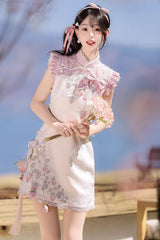 White/Pink [Spring Strawberry] Stand Collar Ruffled Embroidered Lace Color-Blocked Chinese Style Sweet Lolita Dress Cheongsam - White/Pink - 1