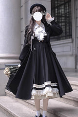 Black [Hathaway] Ruffle Bowknot Lace Elegant Lolita Jumper Dress - Black - 1