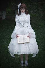 White [Requiem] Stand Collar Long Sleeves Ruffle Lace Gothic Lolita Dress - White - 1