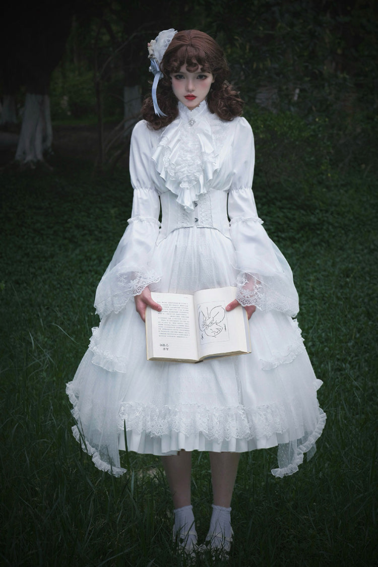 White [Requiem] Stand Collar Long Sleeves Ruffle Lace Gothic Lolita Dress - White - 1