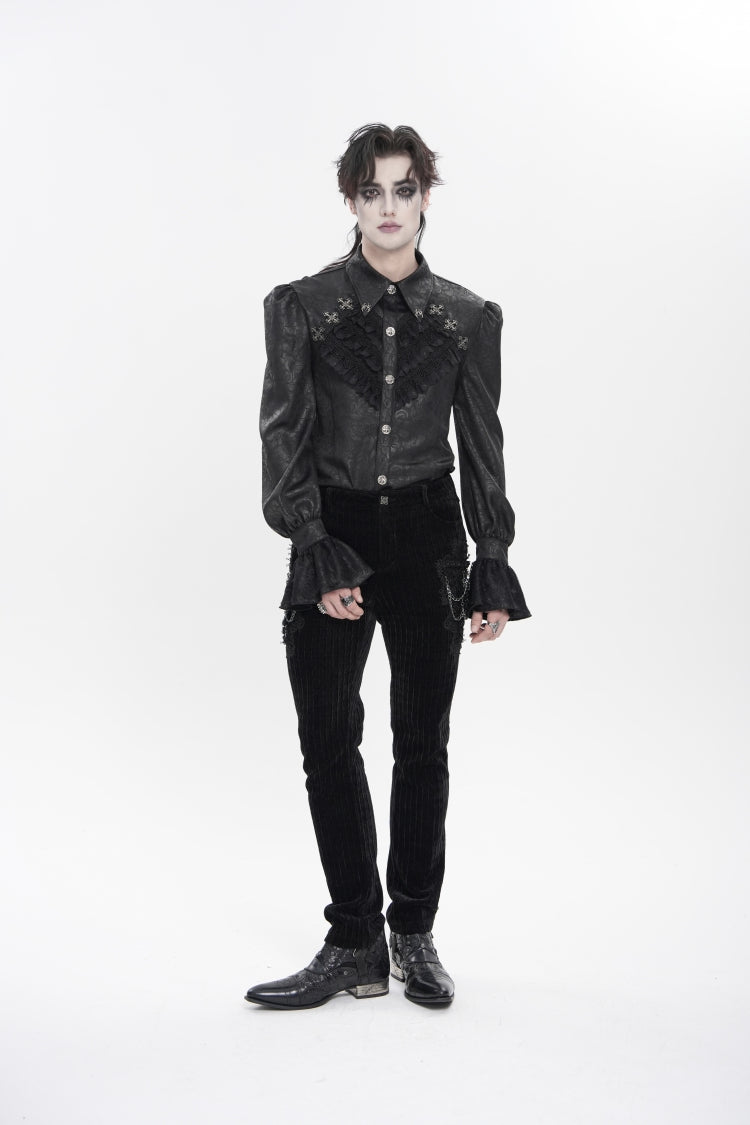 Black Cross Spider Turn-down Collar Long Trumpet Sleeves Printed Lace Men's Gothic Shirt - Product - 5