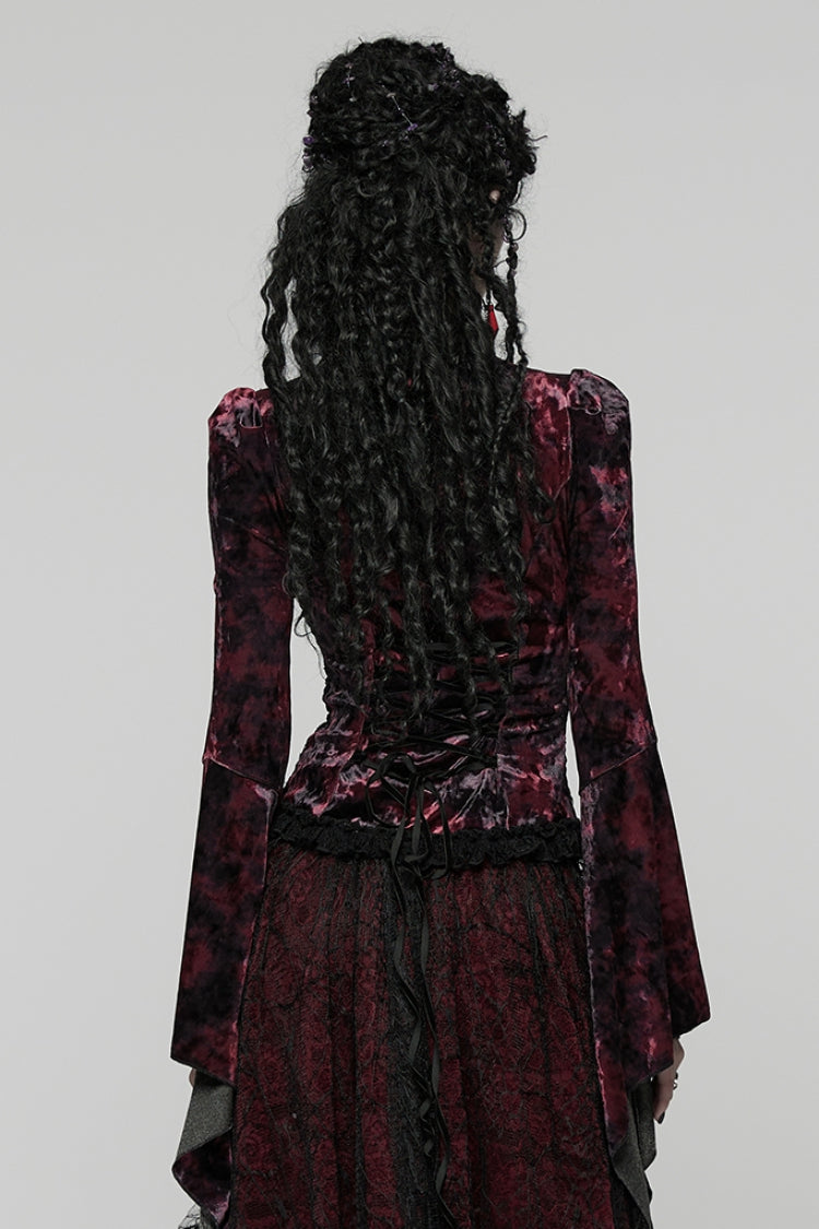 Black/Red Long Trumpet Sleeves Spliced Lace Lace-Up Women's Gothic Blouse - Product - 3