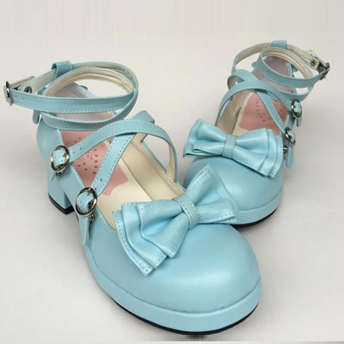 Blue Bowknot Circular Buckle Sweet Lolita Shoes - Product - 2