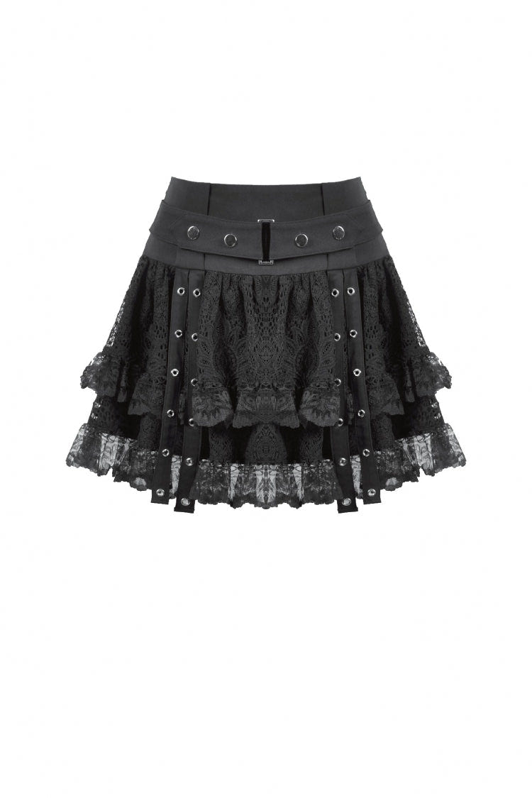 Black Wide-Waistband Eyelet Strap Double-Layered Lace Women's Punk Skirt - Product - 3
