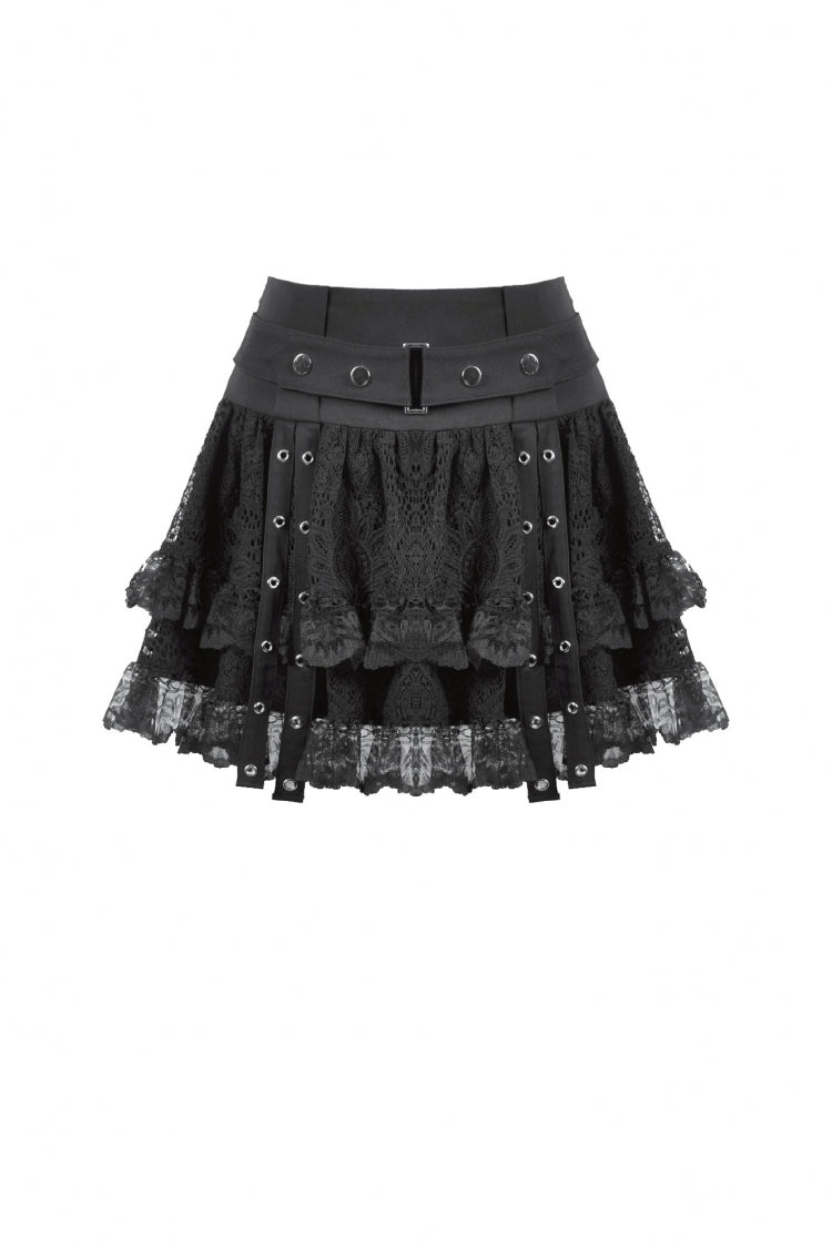 Black Wide-Waistband Eyelet Strap Double-Layered Lace Women's Punk Skirt - Product - 3