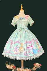 Green [Macarons Dolly House] Square Collar Short Lantern Sleeves Printed Bow Sweet Lolita Dress - Product - 5