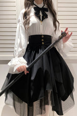 Black Irregular Mesh Gothic Japanese Lolita Skirt - Black - 1