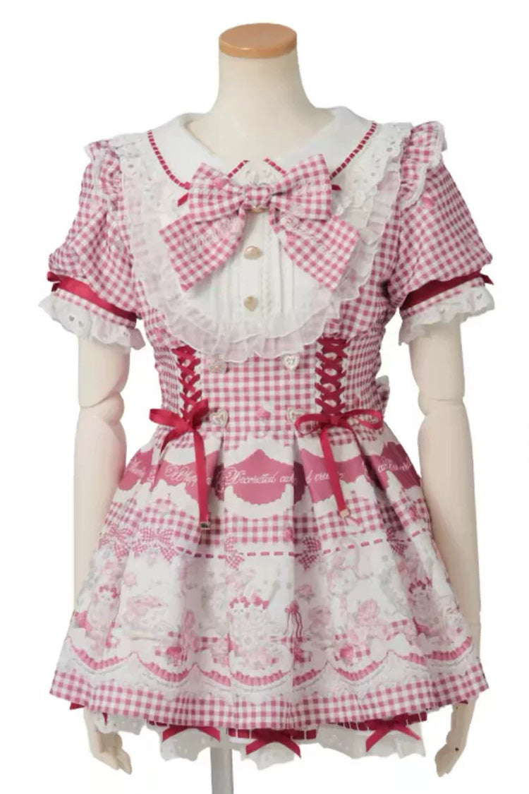 [Tea Party] Lapel Collar Short Sleeves Printed Bow Lace-Up Sweet Jirai Kei Plus Size Dress 3 Colors - Red - 7