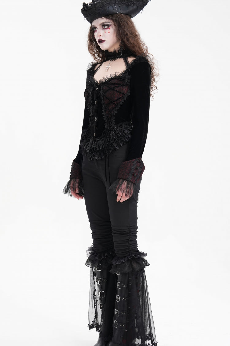 Black Long Sleeves Ruffle Lace-Up Mesh Women's Gothic Blouse - Product - 7