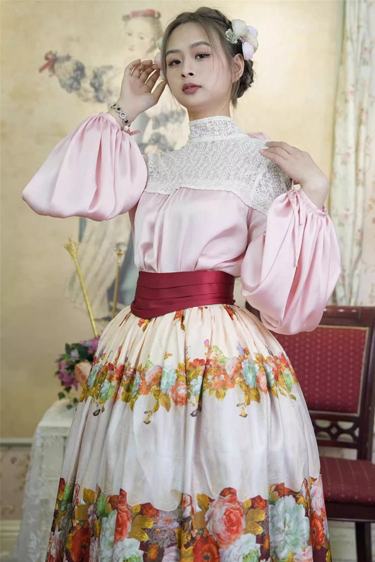 Red [Rainy Season Garden] Print Ruffle Sweet Classic Lolita Skirt - Product - 9