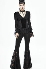 lack Gothic Flocking V-Neck Front Splice Velvet Long Sleeve Lace Hem Women's Blouse - Product - 6