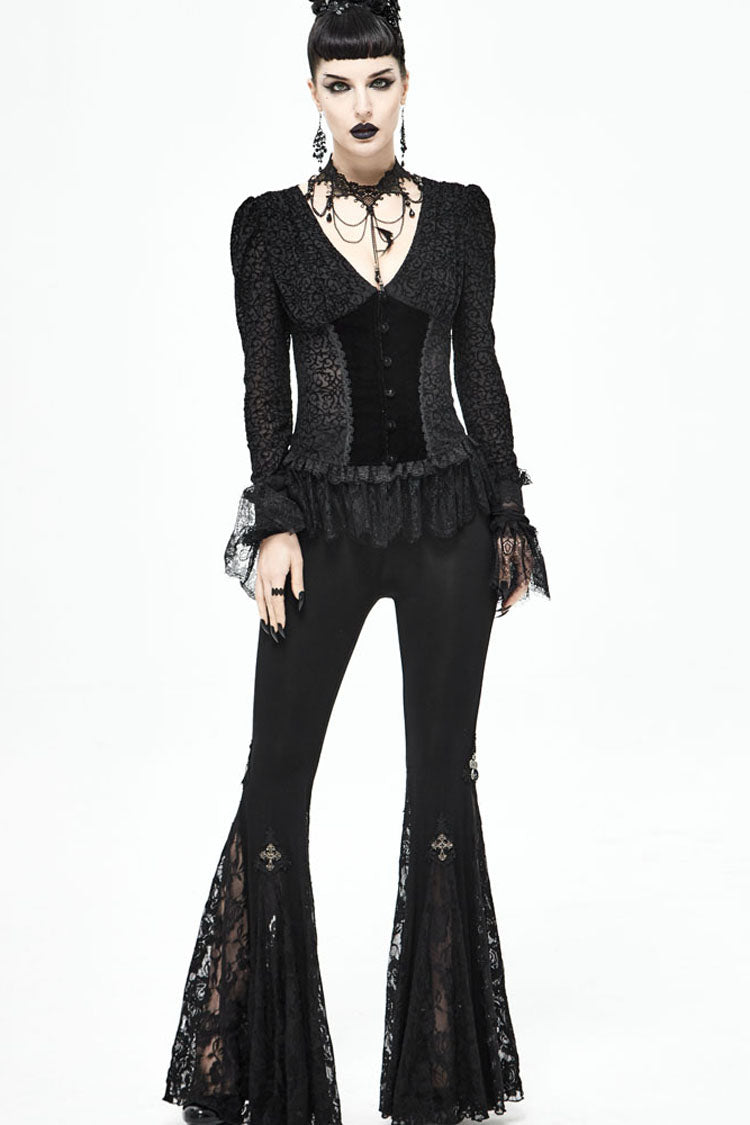 lack Gothic Flocking V-Neck Front Splice Velvet Long Sleeve Lace Hem Women's Blouse - Product - 6