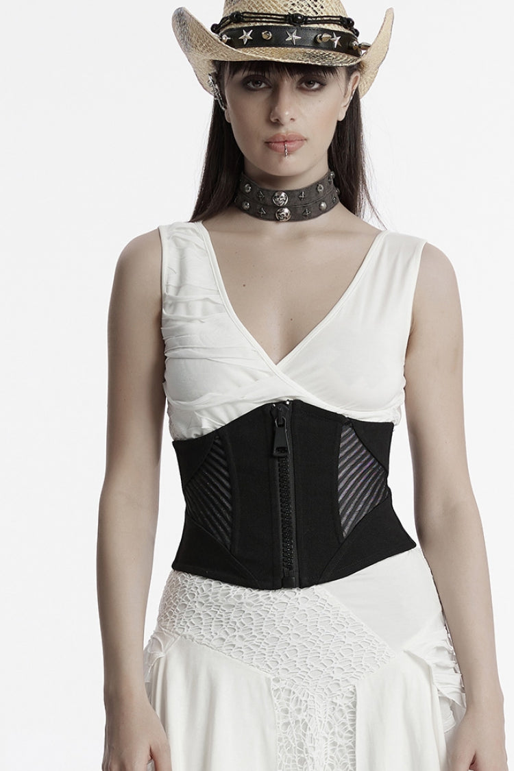 Black Stitching Mesh Zipper Women's Punk Underbust Corset - Black - 1