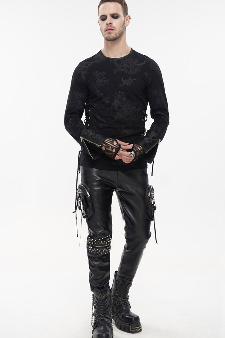 Black Punk Leather Metal Rivets Zipper Stereoscopic Side Pockets Men's Pants - Black - 11