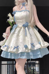 Apricot/Blue Print Ruffle Bowknot Sweet Princess Lolita Jsk Dress - Product - 3