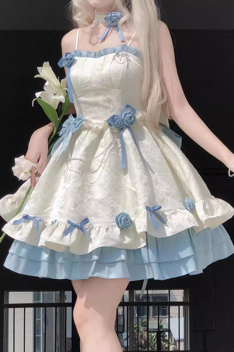 Apricot/Blue Print Ruffle Bowknot Sweet Princess Lolita Jsk Dress - Product - 3