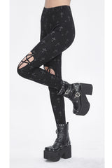 Black Print Hollow Women's Punk Leggings - Product - 4