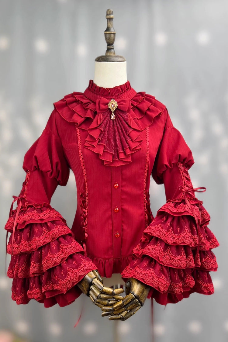[The Angel of Good and Evil] Long Trumpet Sleeves Multi-Layered Ruffled Lace Classic Elegant Lolita Blouse 4 Colors - Product - 9