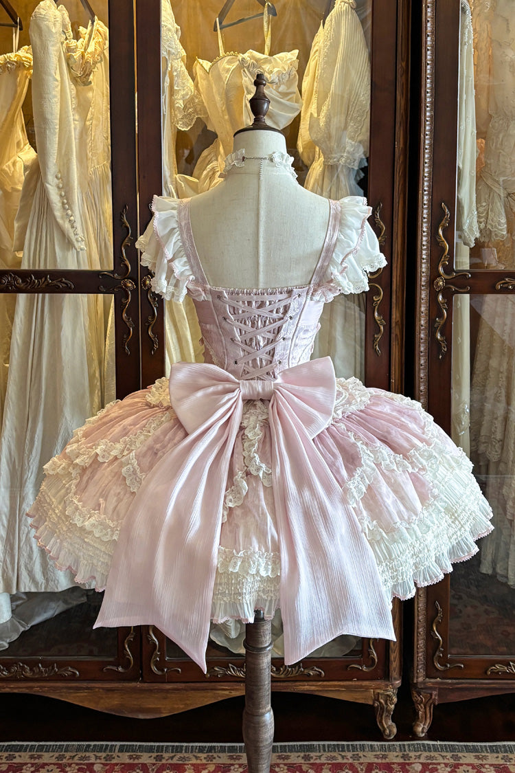 Pink [Floral Dream] Short Sleeves Multi-Layered Ruffle Embroidery Bowknot Lace-Up Sweet Elegant Ballet Lolita Jsk Dress - Product - 3