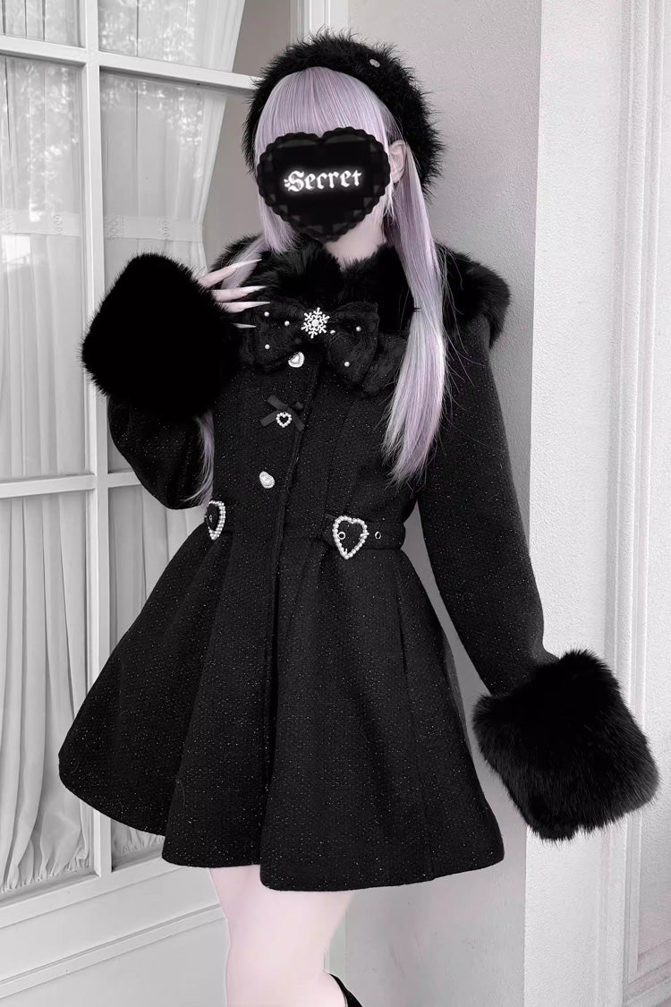 [Velvet Star Dream] Long Sleeves Bow Sweet Jirai Kei Japanese Overcoat 2 Colors - Black - 1