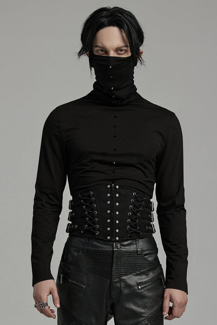 Black Multi-buckles Studded Lace-Up Men's Punk Girdle - Black - 1