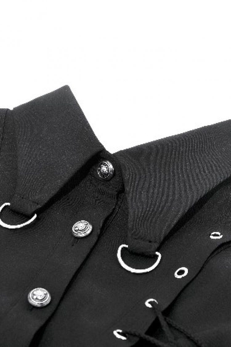 Black Turn-down Collar Short Sleeves Lace-Up Eyelets Women's Punk Blouse - Product - 15