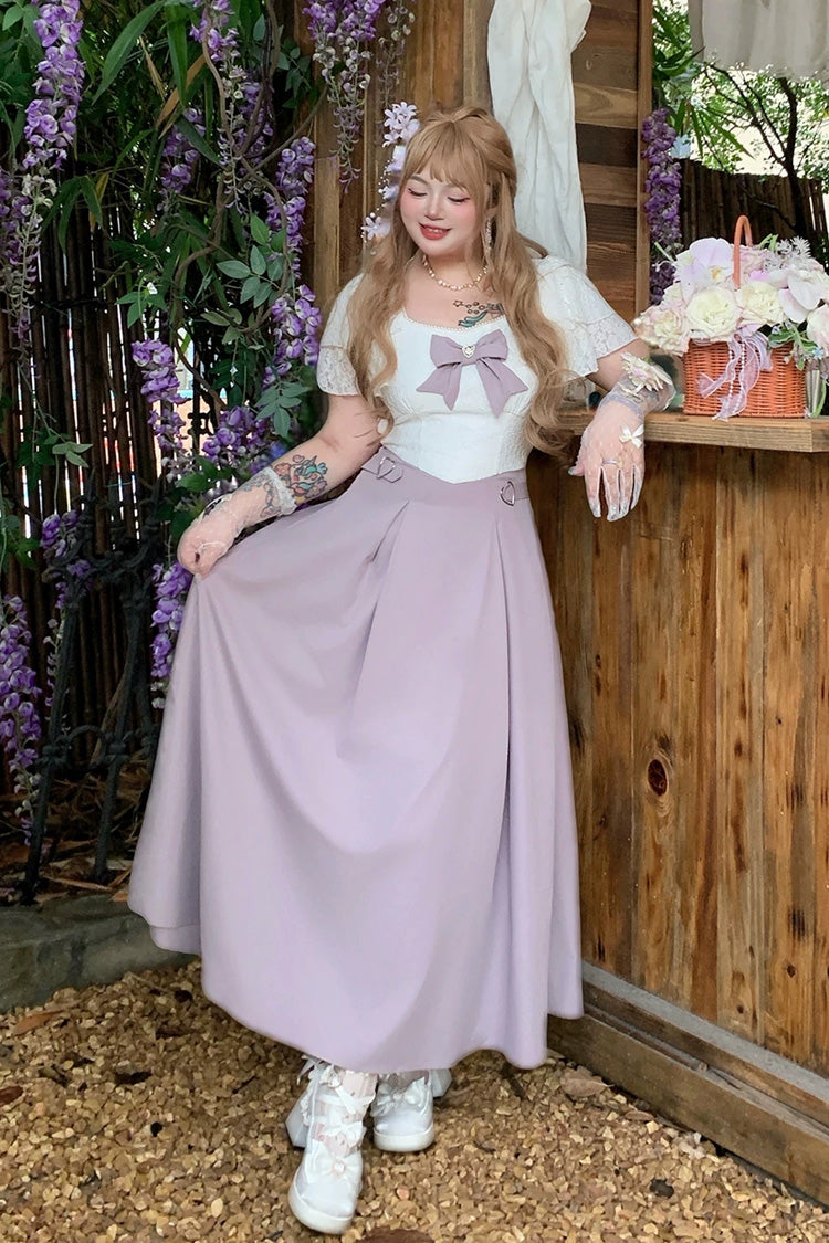 White/Purple Round Collar Short Sleeves Bow Patchwork Lace Sweet Japanese Plus Size Lolita Dress - Product - 3