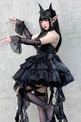 Pure Black Little Devil Sexy Princess Slim Gothic Lolita Strapless Tiered Dress - Product - 10