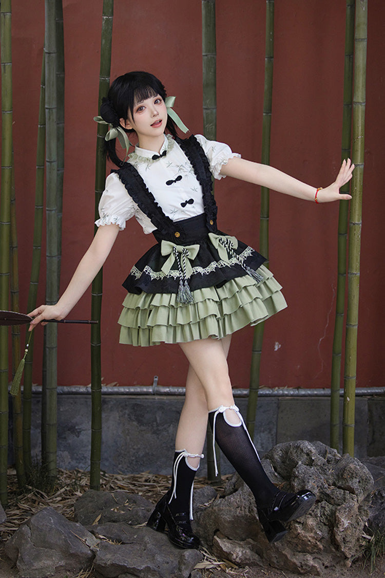 Black/Green Multi-Layered Bamboo Leaves Print Ruffle Bowknot Sweet Chinese Style Lolita Skirt Set - Product - 5