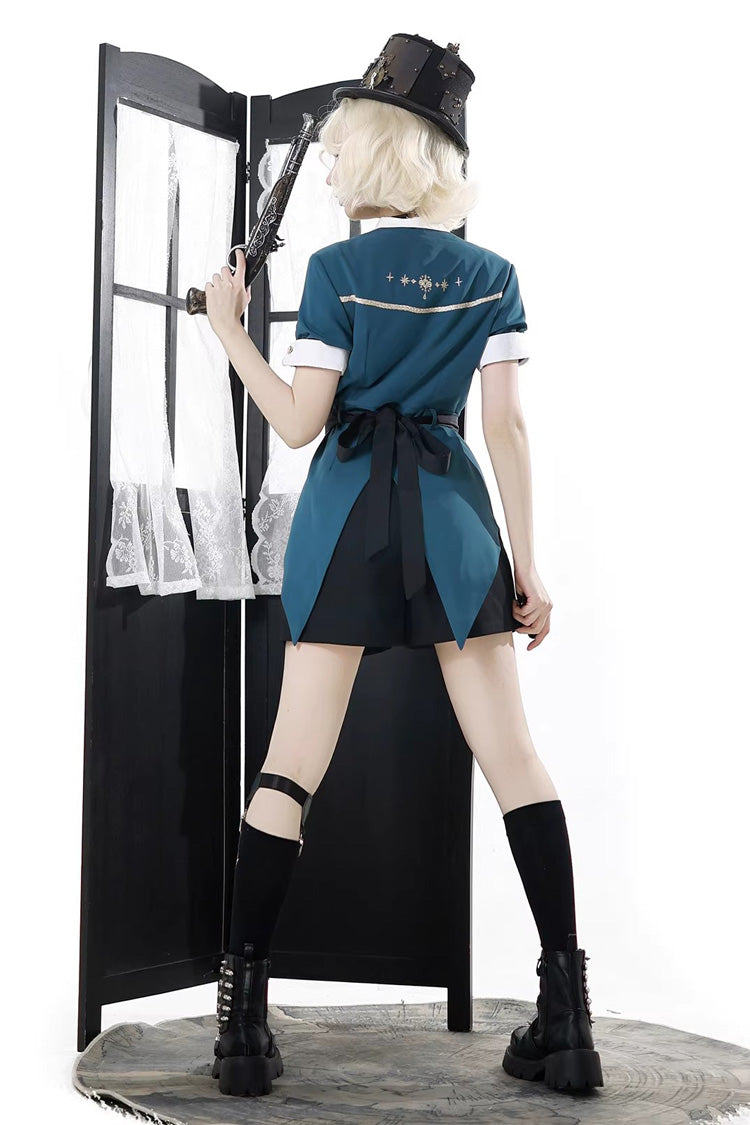 Black/Green [Anlexia Bookstore] Square Collar Short Sleeves Embroidered Studded Gothic College Style Prince Handsome Ouji Lolita Set - Product - 3