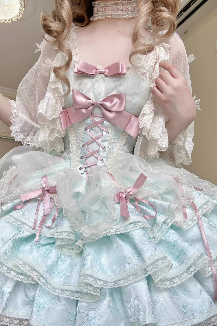 Green Sleeveless Multi-layer Ruffle Bowknot Lace-Up Sweet Princess Lolita Jsk Dress - Product - 4
