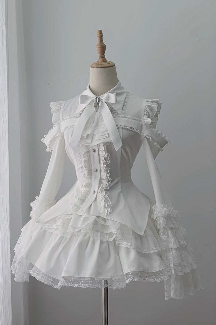 White [Snowy Night Princess] Lapel Collar Long Hime Sleeves Ruffled Bow Lace Gothic Jirai Kei Japanese Skirt Set - Product - 3