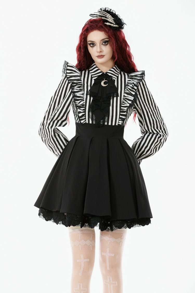 Black/White Striped Lapel Collar Long Sleeves Moon Lace Bow Ruffled Pleated Women's Gothic Dress - Black/White - 1