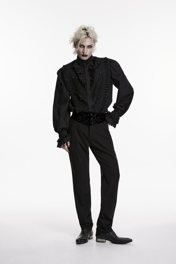 Black Stand Collar Long Puff Sleeves Embroidered Lace Men's Shirt - Product - 3