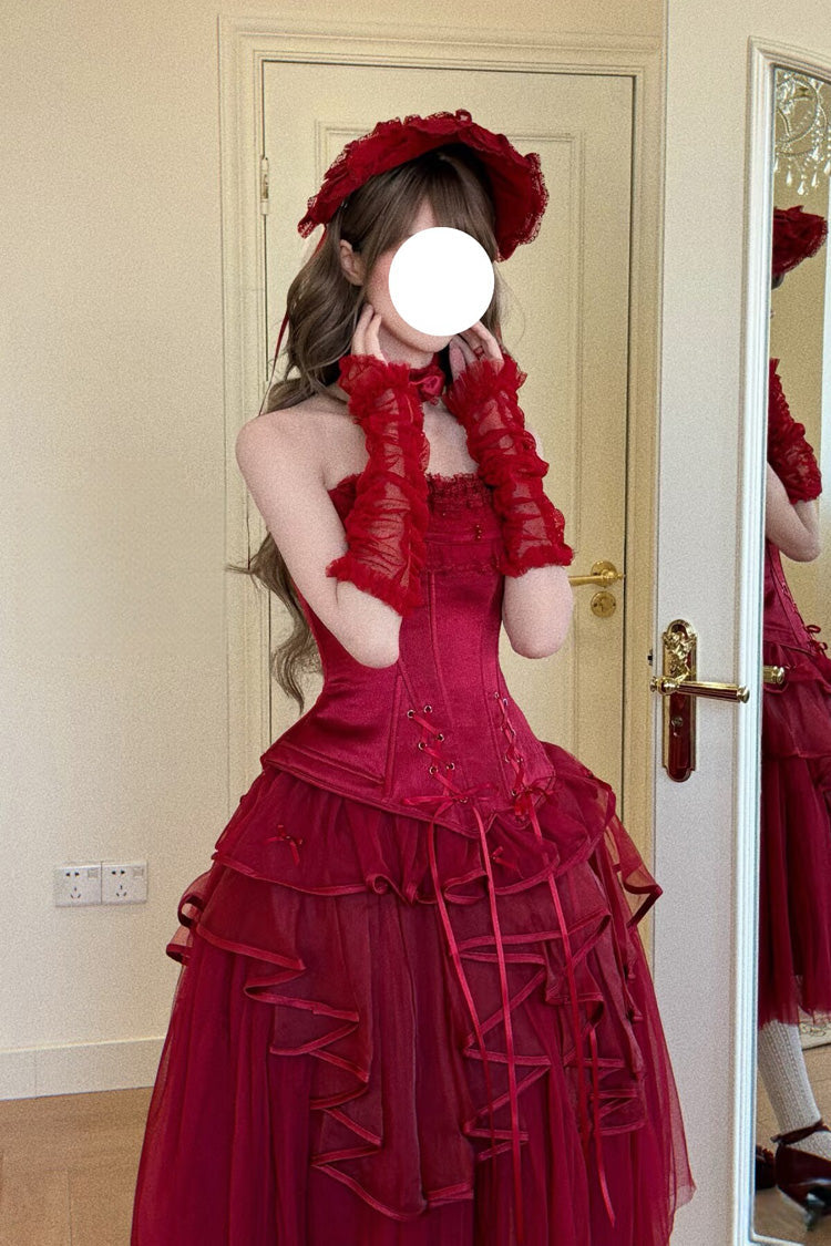 Red [The Summer Waves Sparkle] Square Collar Sleeveless Multi-Layered Ruffled Bow Lace-Up Slim Classic Lolita Skirt Set - Product - 10