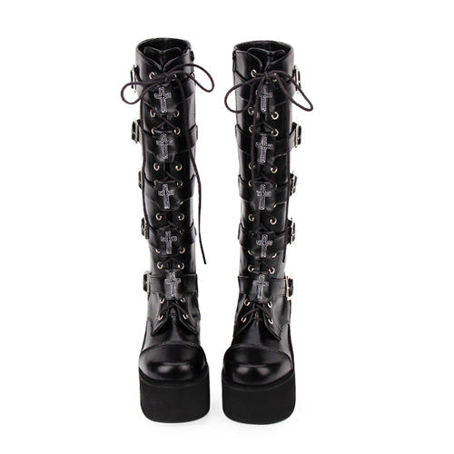 Black Cross Patent Leather Lace Up Long Gothic Lolita Boots - Product - 1