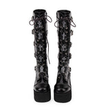 Black Cross Patent Leather Lace Up Long Gothic Lolita Boots - Product - 1